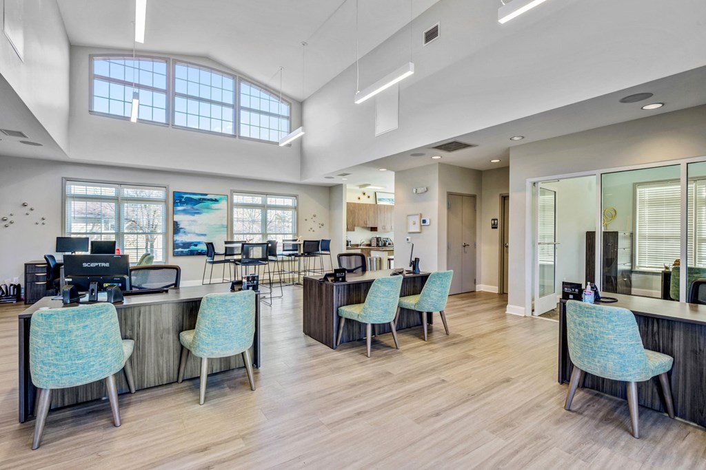 Leasing office desk with seating at Reserve at Providence apartments in Charlotte near Matthews, NC