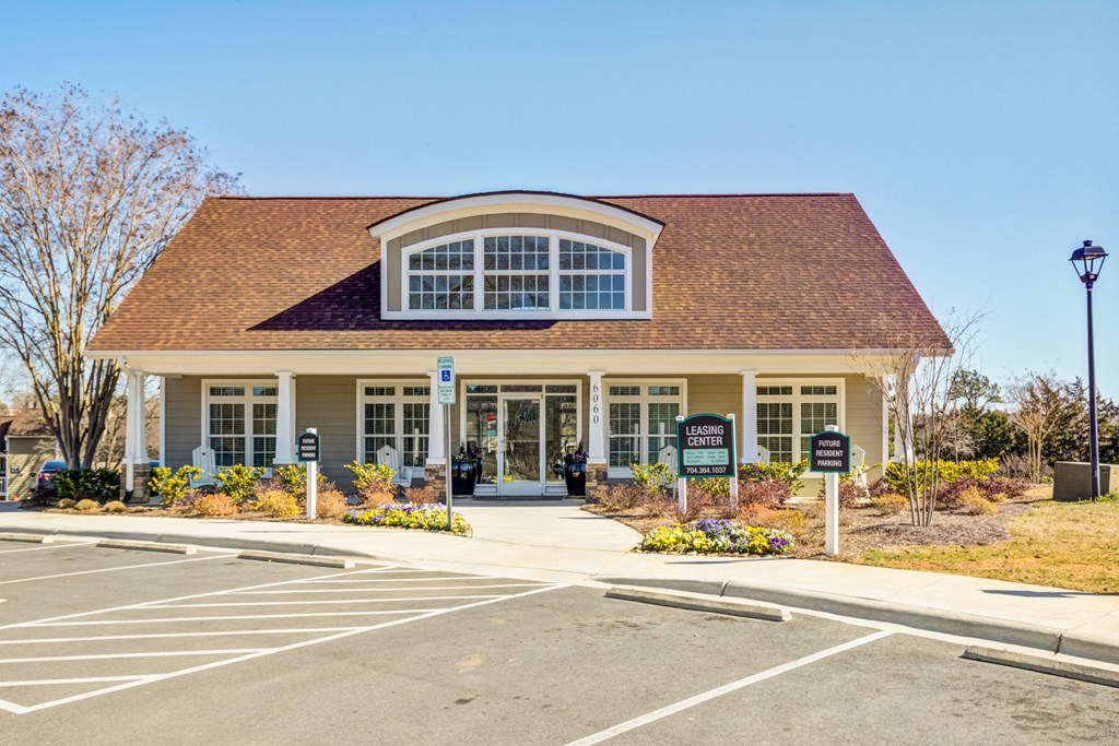 Exterior of the leasing center at Reserve at Providence apartments in Charlotte near Matthews, NC
