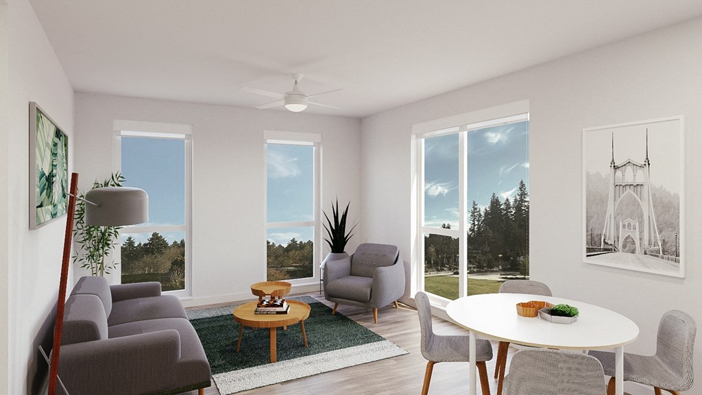 an artist rendering of a living room with a white table and chairs
