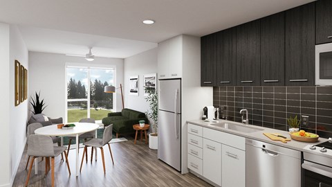 a rendering of a kitchen and living room in an apartment