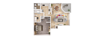 A top-down view of a living room, kitchen, and bedroom layout.