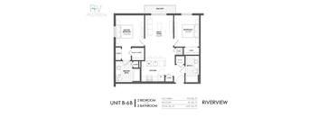 A black and white diagram of a 2 bedroom, 2 bathroom apartment.
