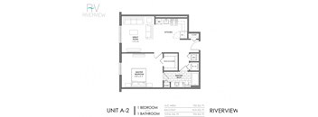 A drawing of a floor plan for a unit at Riverview.