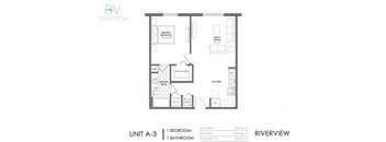 A drawing of a floor plan for a unit labeled A-3 at Riverview.