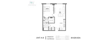 A drawing of a floor plan for a unit labeled A-8 at Riverview.