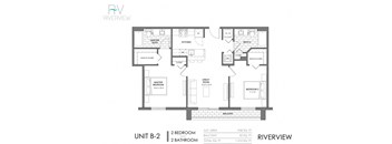 A drawing of a floor plan for a unit with two bedrooms and two bathrooms.