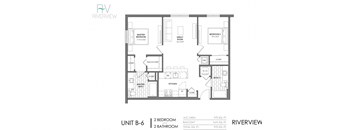 A black and white diagram of a Riverview apartment unit B-6 with two bedrooms and two bathrooms.