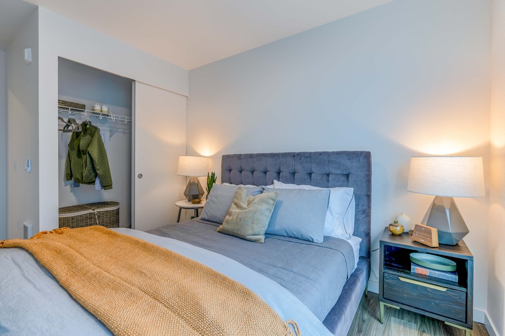 a bedroom with a bed and a closetat Riverfront Everett, Everett, 98101