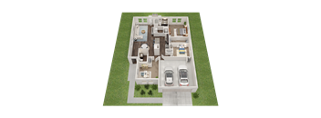 A 3D floor plan of a house with two bedrooms, two bathrooms, a living room, a kitchen, a dining room, a garage, and a backyard.