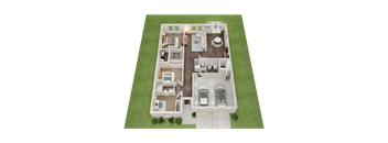 A 3D floor plan of a house with two bedrooms, two bathrooms, a living room, a kitchen, a dining room, and a garage.