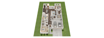 A 3D rendered image of a house layout with two floors, a garage, and a driveway.