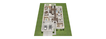 A 3D rendered image of a house layout with two bedrooms, a living room, a kitchen, a dining room, and two garages.