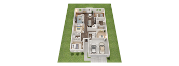 A 3D rendered image of a house layout with two bedrooms, a living room, a kitchen, a dining room, and a garage.