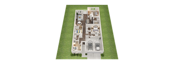 A 3D floor plan of a house with two bedrooms, two bathrooms, a living room, a kitchen, and a garage.