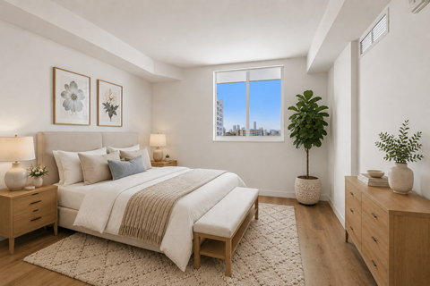 Bright primary bedroom with large window, walk-in closet, and contemporary finishes at Riverview One Apartments near Brickell, the Miami River, and Downtown Miami.