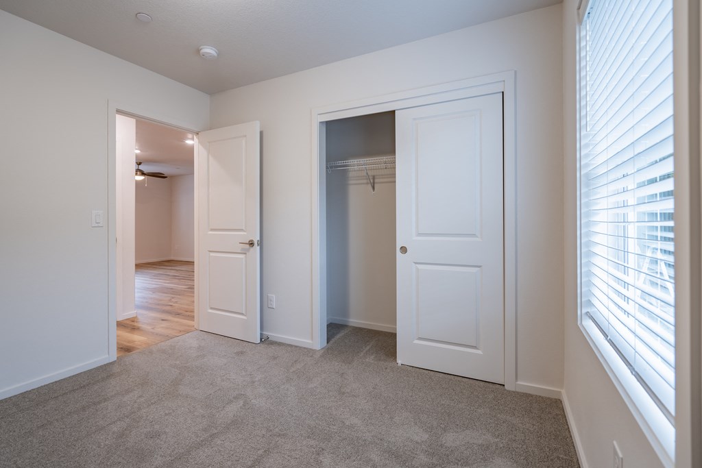 a bedroom with two closets and a window