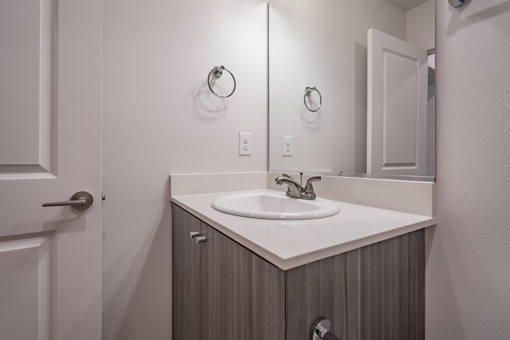 a bathroom with a sink and a mirror