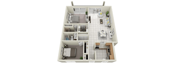 A 3D floor plan of a house with a kitchen, living room, and two bedrooms.