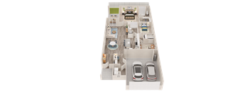 A top down view of a house with a living room, kitchen, dining room, and two bedrooms.
