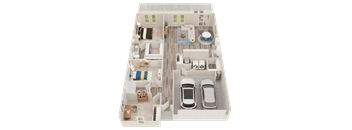 A 3D floor plan of a house with two bedrooms, a living room, a kitchen, a dining room, a bathroom, and two cars.