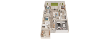 A 3D floor plan of a house with two bedrooms, a living room, a kitchen, a dining room, and two parking spaces.