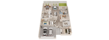 A 3D floor plan of a house with two bedrooms, two bathrooms, a living room, a kitchen, a dining room, and a garage with two cars.