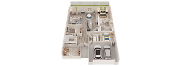 A floor plan of a house with a swimming pool and two cars parked in the garage.
