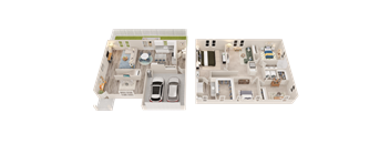 A 3D floor plan of a two-bedroom apartment with a living room, kitchen, and bathroom.