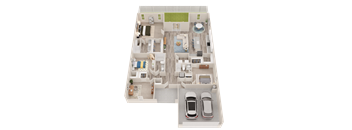 A 3D floor plan of a house with two bedrooms, a living room, a kitchen, a bathroom, a dining room, a laundry room, a garage, and a backyard.