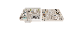 A floor plan of a two-story apartment with a living room, kitchen, bedrooms, and bathrooms.