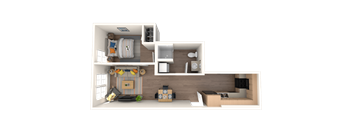 A 3D rendered image of a modern apartment layout.