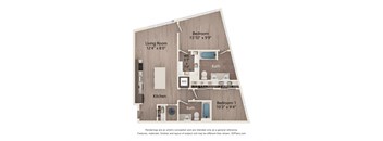 A diagram of a house layout with a living room, kitchen, two bathrooms and two bedrooms.