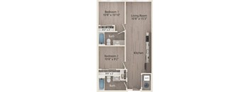 A diagram shows the layout of a small apartment with two bedrooms, a living room, a kitchen, and a bathroom.