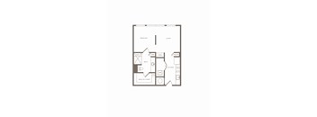 A floor plan of a small apartment with a bedroom, living room, kitchen, and bathroom.