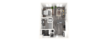 A top-down view of a small, neatly organized apartment with a kitchen, living room, and bathroom.