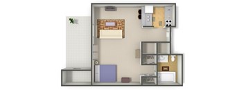 A 3D rendered image of a small apartment layout.