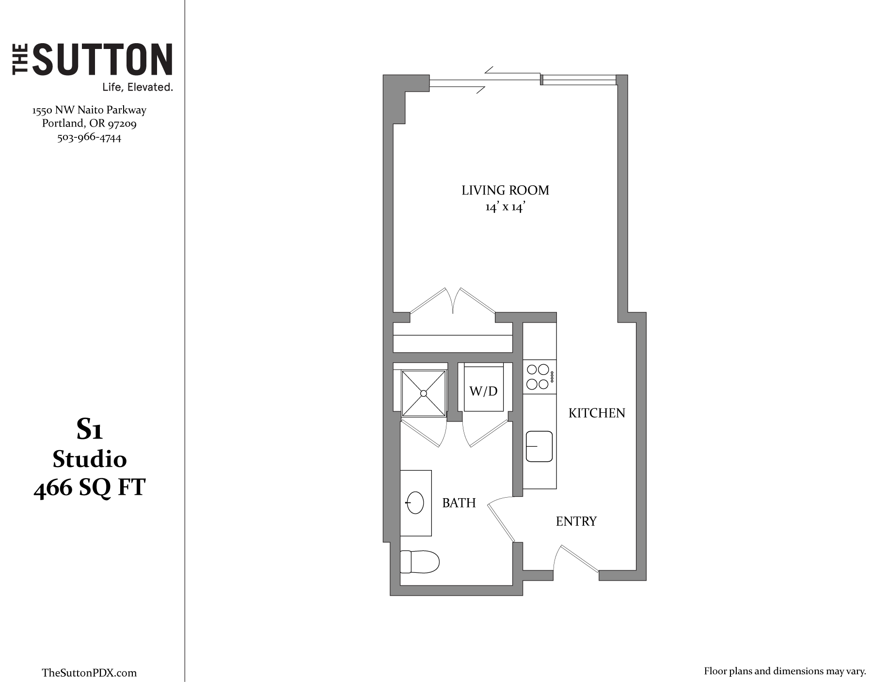 A floor plan for a studio apartment sits on a white background.
