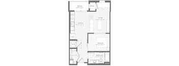 A floor plan of a house with a living room, kitchen, bathroom, bedroom and balcony.