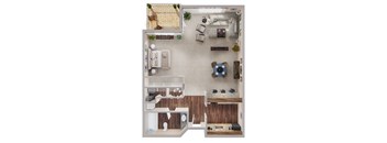 A top-down view of a small apartment with a kitchen, living room, and bedrooms.