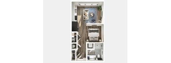 A modern apartment layout with a kitchen, living room, and bedroom.