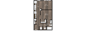 A floor plan of a house with a living room, kitchen, and bathrooms.