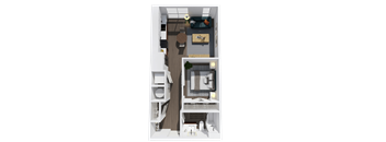 A top-down view of a small apartment with a kitchen, living room, and bathroom.