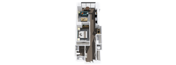 A top-down view of a house with a kitchen, living room, and bedrooms.