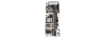 A 3D floor plan of a small apartment with a kitchen, living room, and bathroom.