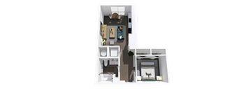 A 3D image of a small apartment layout with a kitchen, living room, and bathroom.