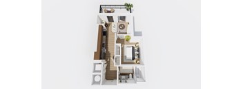 A 3D floor plan of a house with a kitchen, living room, and bathroom.