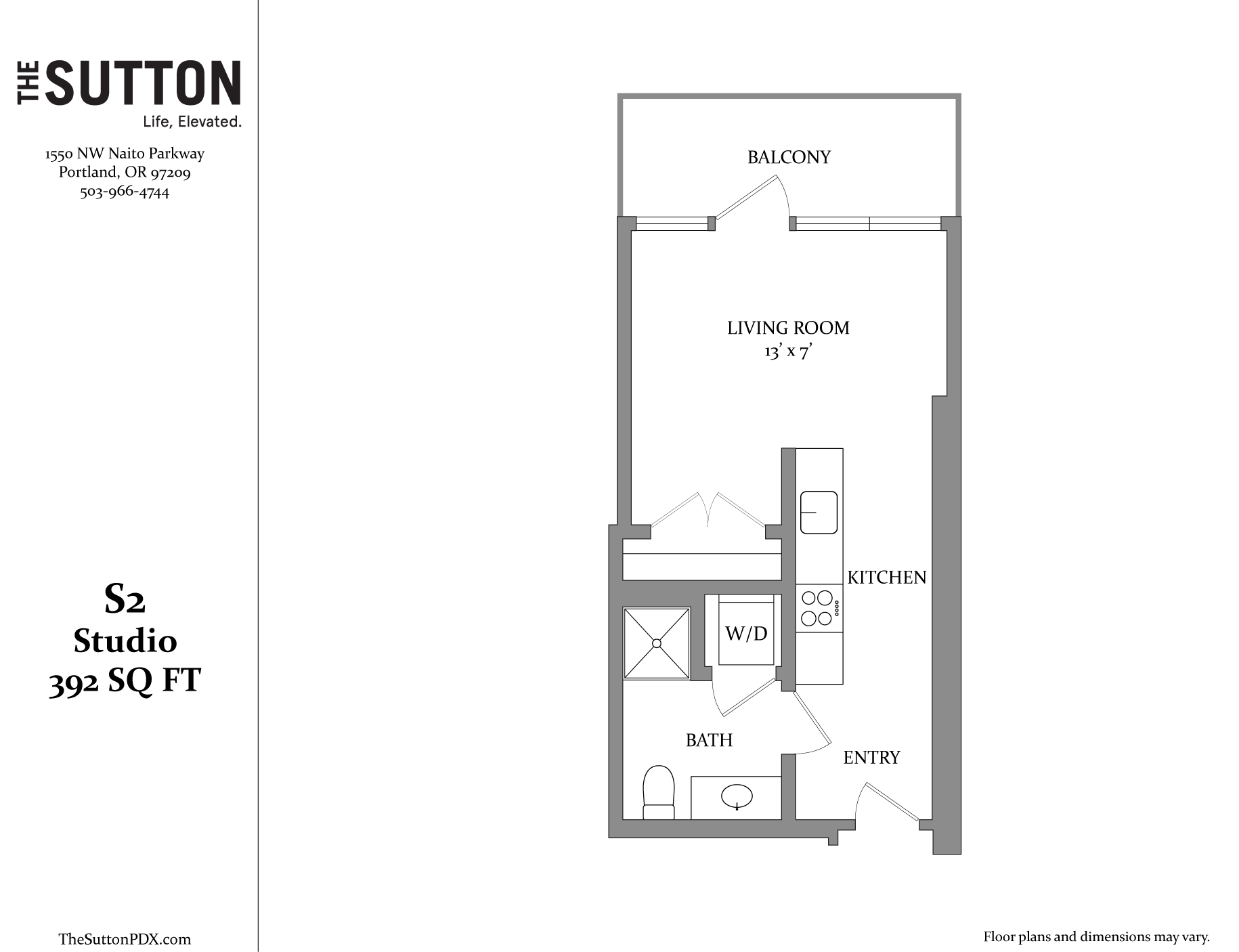 A floor plan for a studio apartment sized at 392 square feet.