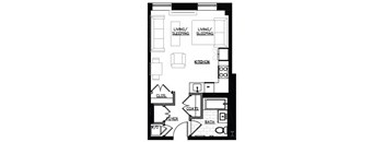a floor plan of a small house with a kitchen and a living room
