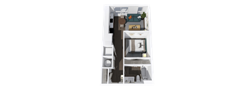 A 3D floor plan of a small apartment with a kitchen, living room, and bathroom.