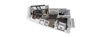 A 3D floor plan of a small apartment with two bedrooms and a living area.